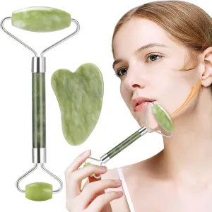 Jade Roller and Gua Sha Set, Jade Roller & Gua Sha Scraping Massage Tool Anti-Aging 100% Natural Facial Jade Stone Set - Face Eye Neck Beauty Roller for Slimming & Firming - Rejuvenate Skin