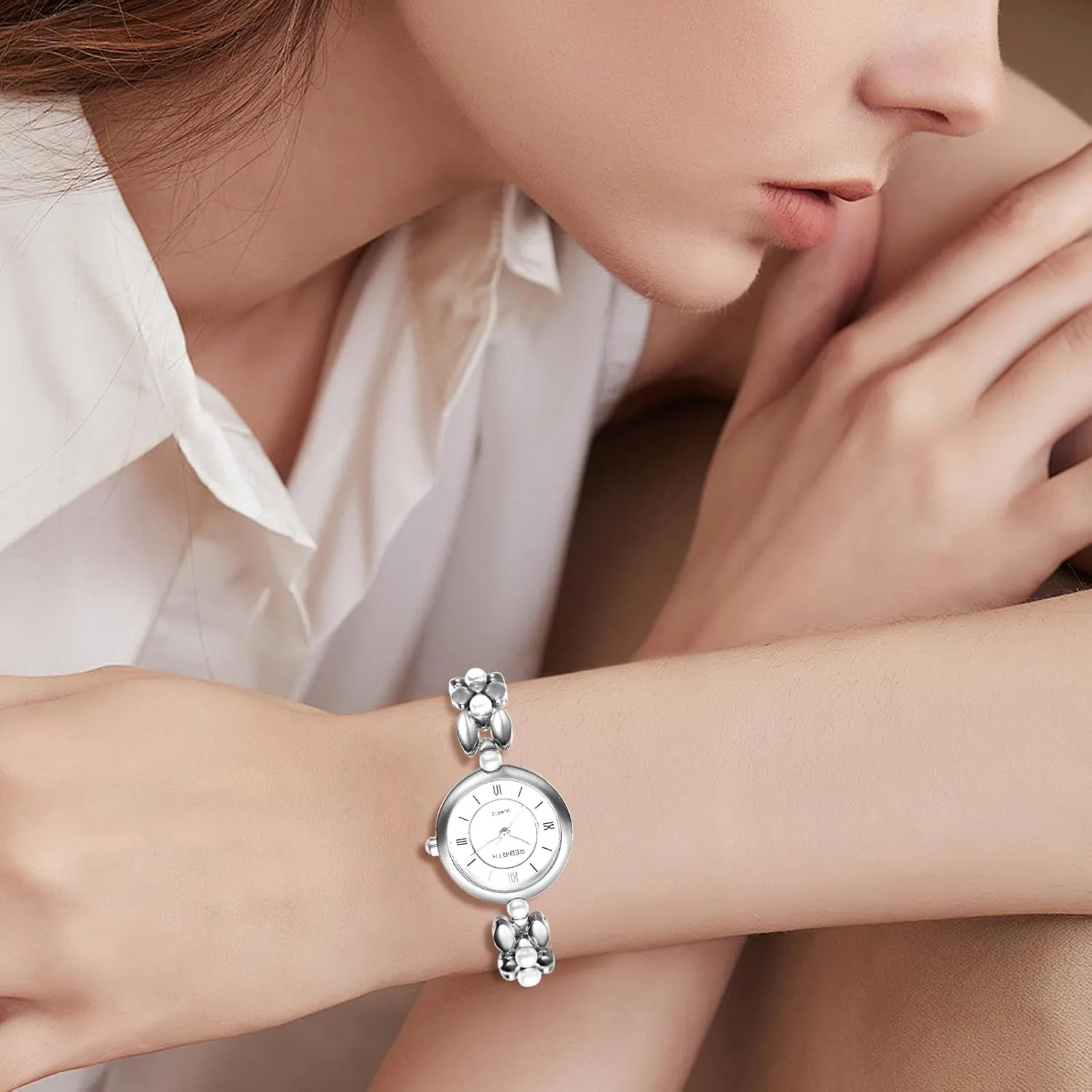JewelryWe Women's Pearl Bracelet Watch: Ladies Gold Waterproof Analog Quartz Elegant Round Case Arabic Numerals Dial with Detachable Strap Wrist Watch