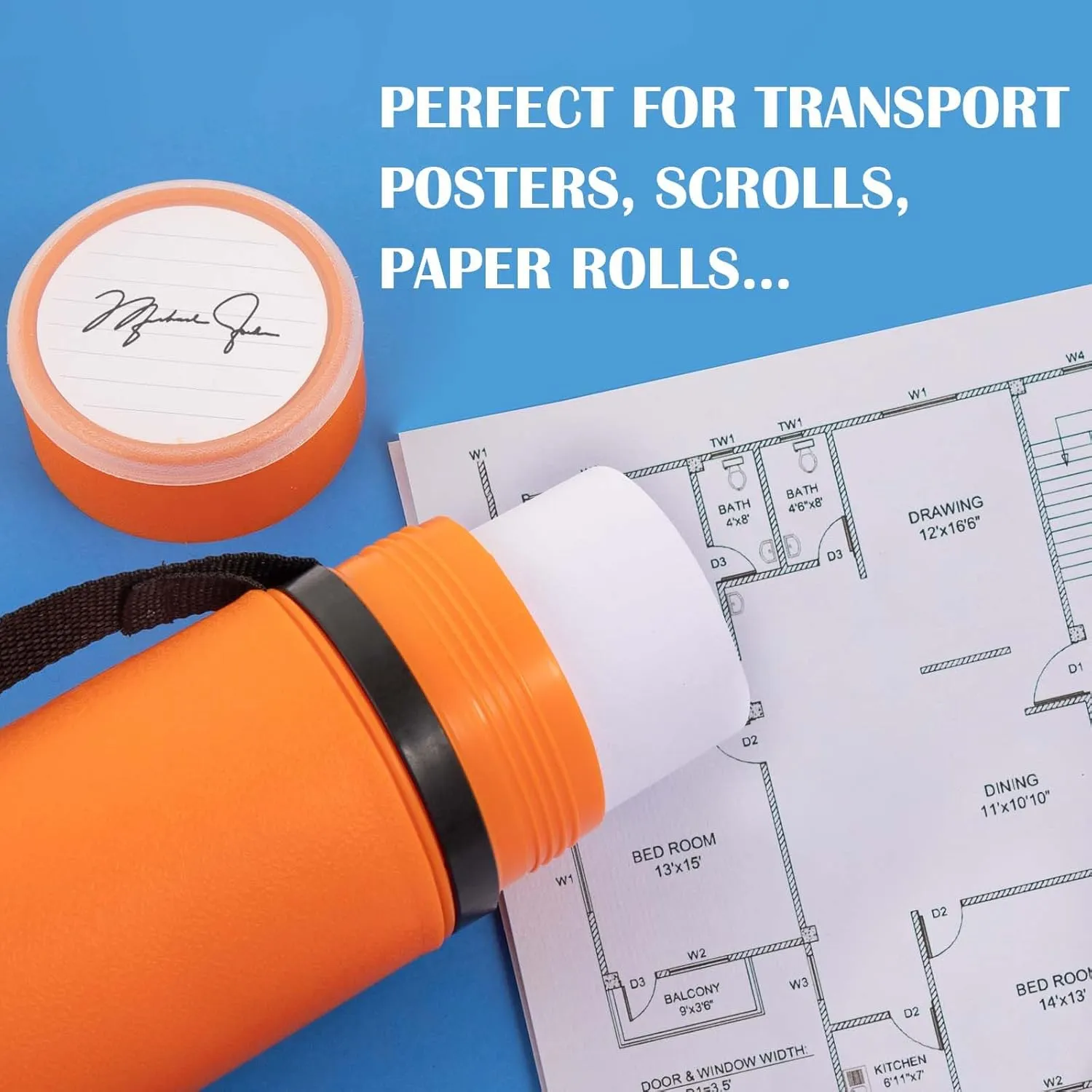 JJRING Orange Poster Tube, 25" to 40" Extendable Poster Storage Holder Tube with Carrying Strap, Poster Carrying Case for Blueprints, Scrolls, Maps and Architect Papers
