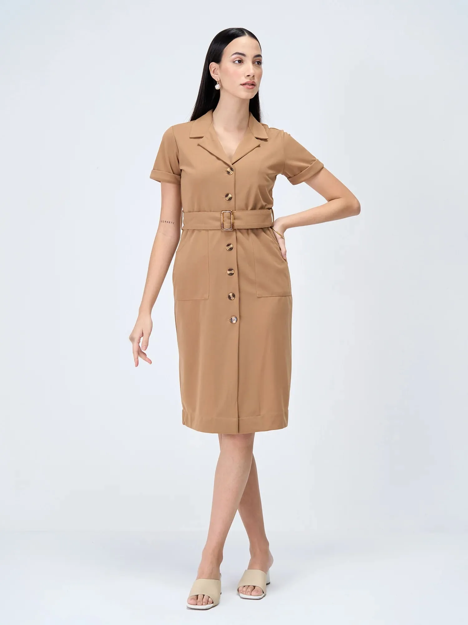 Kate-Fawn Belted Shirt Dress-Fawn
