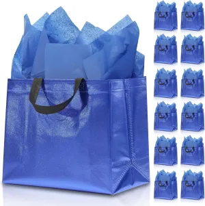 KeerxunBag 12Pcs Reusable Gift Bags（Includes Tissue Paper） Gift bag with handle Birthdays Parties Holidays Weddings Medium 13x5x11in Blue Gift Bags