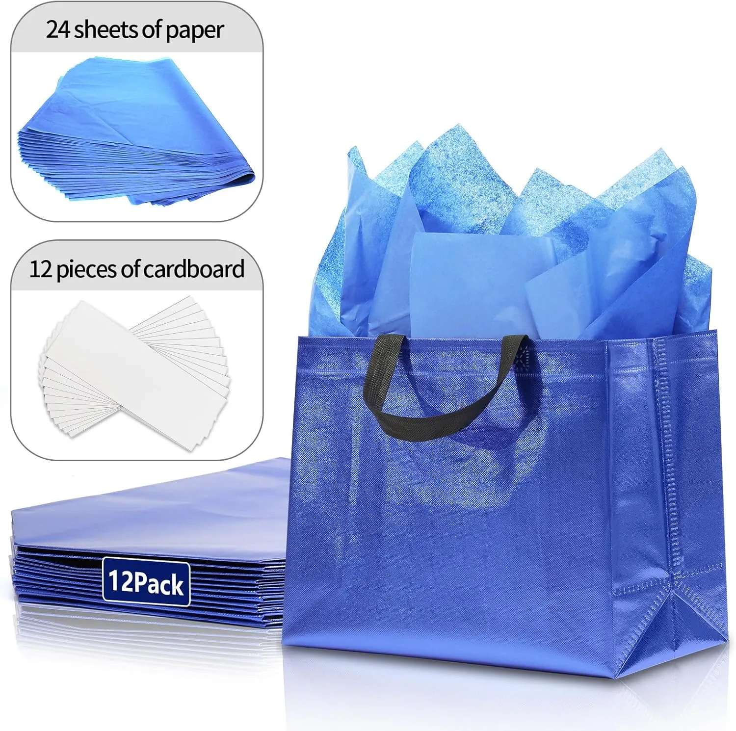 KeerxunBag 12Pcs Reusable Gift Bags（Includes Tissue Paper） Gift bag with handle Birthdays Parties Holidays Weddings Medium 13x5x11in Blue Gift Bags