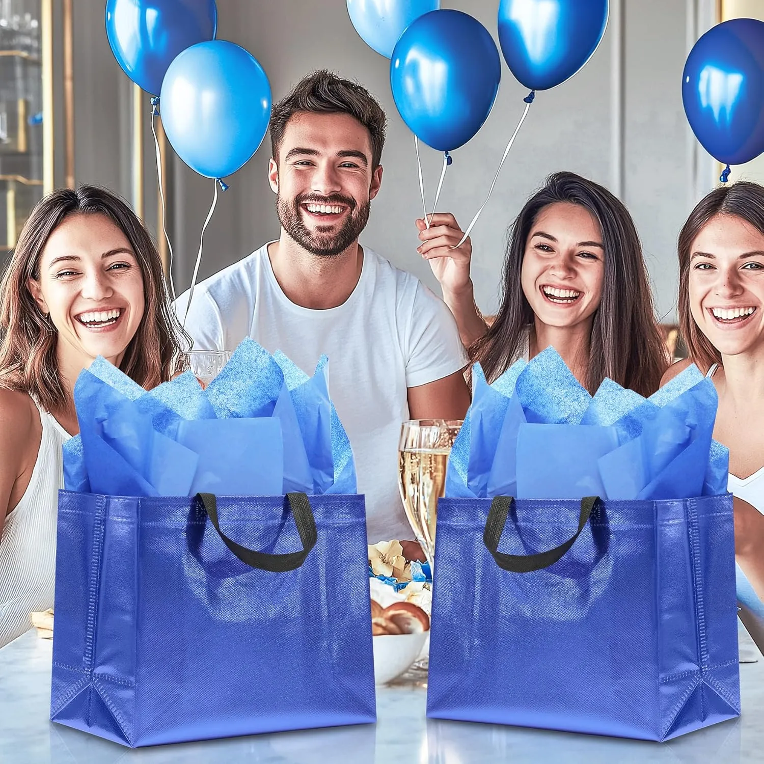 KeerxunBag 12Pcs Reusable Gift Bags（Includes Tissue Paper） Gift bag with handle Birthdays Parties Holidays Weddings Medium 13x5x11in Blue Gift Bags