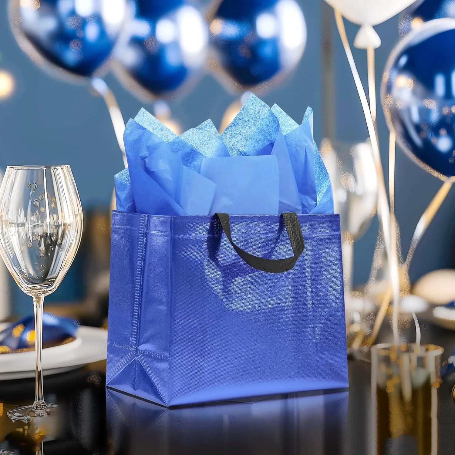 KeerxunBag 12Pcs Reusable Gift Bags（Includes Tissue Paper） Gift bag with handle Birthdays Parties Holidays Weddings Medium 13x5x11in Blue Gift Bags