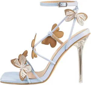 keleimusi Womens Butterfly Heeled Sandals Strappy Clear High Heels