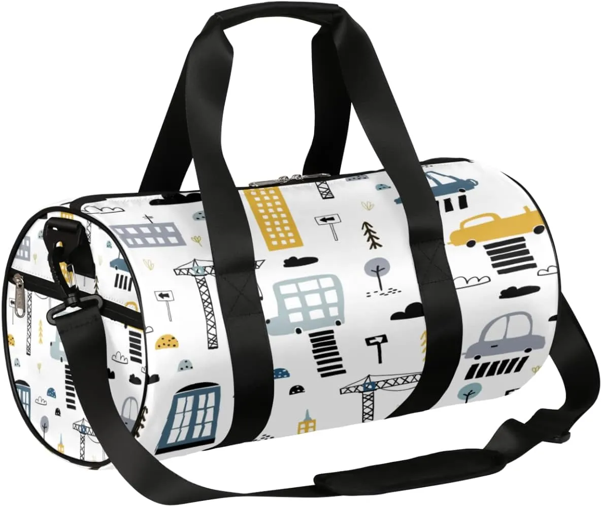 Kids Duffle Bag Girls Boys Cartoon Skyscraper Cars Travel Dance Bag for Teen Sport Gym Bags Kids Duffle Bag Weekender Sleepover Bag for Practice Gymnastic Ballet