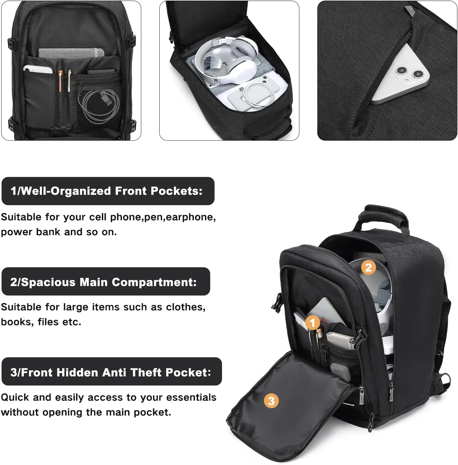 Kono Carry on Backpack, 16" Airplane Approved Under Seat Travel Backpack for Men and Women, Waterproof Lightweight Daypack for Flight 20L (Black, Small)