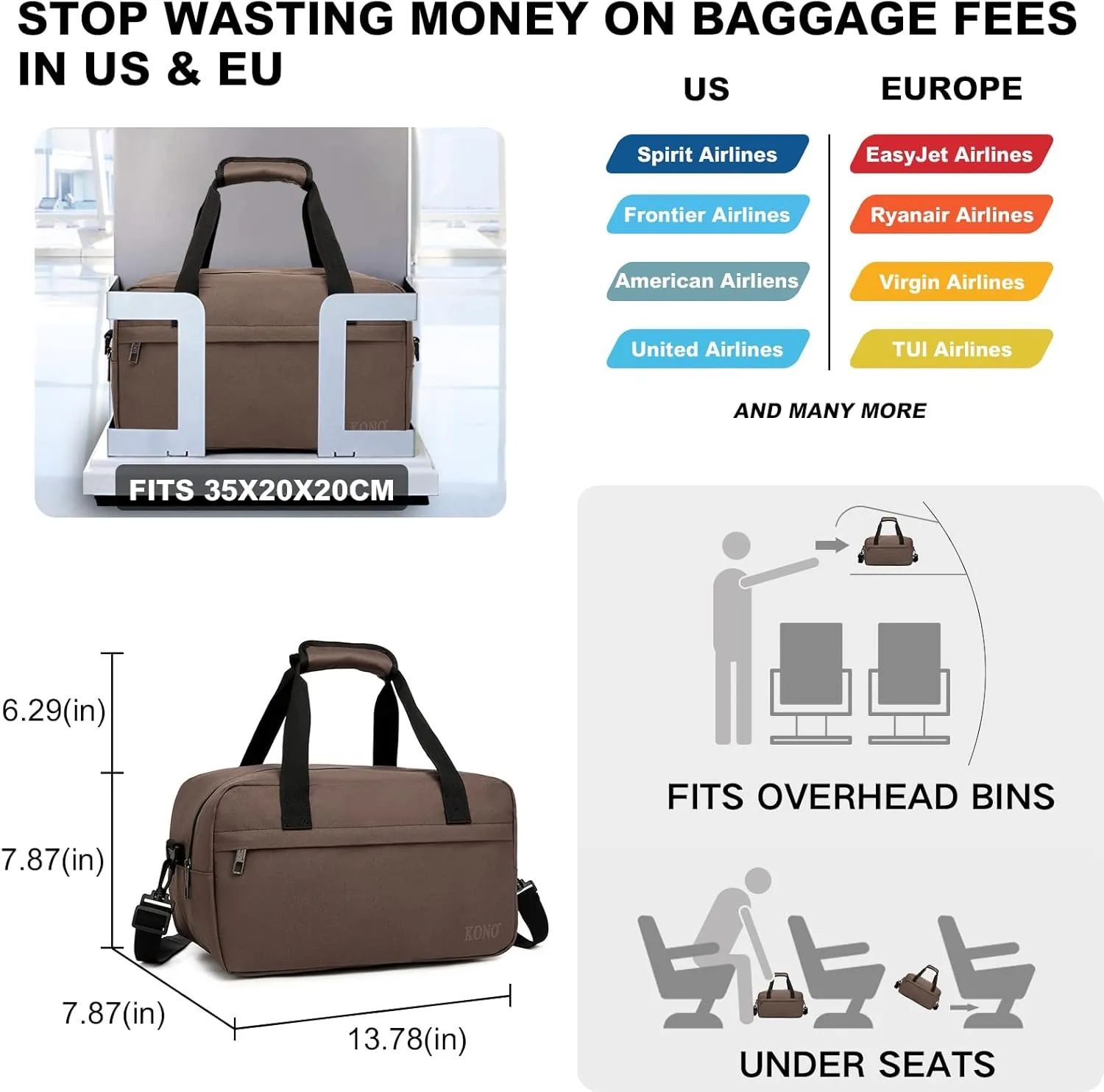 Kono Travel Duffel Bag 14L Under Seat Carry-on Bag Sports Tote Gym Bag Weekender Overnight Bags 13.78"x7.87"x7.87" Brown