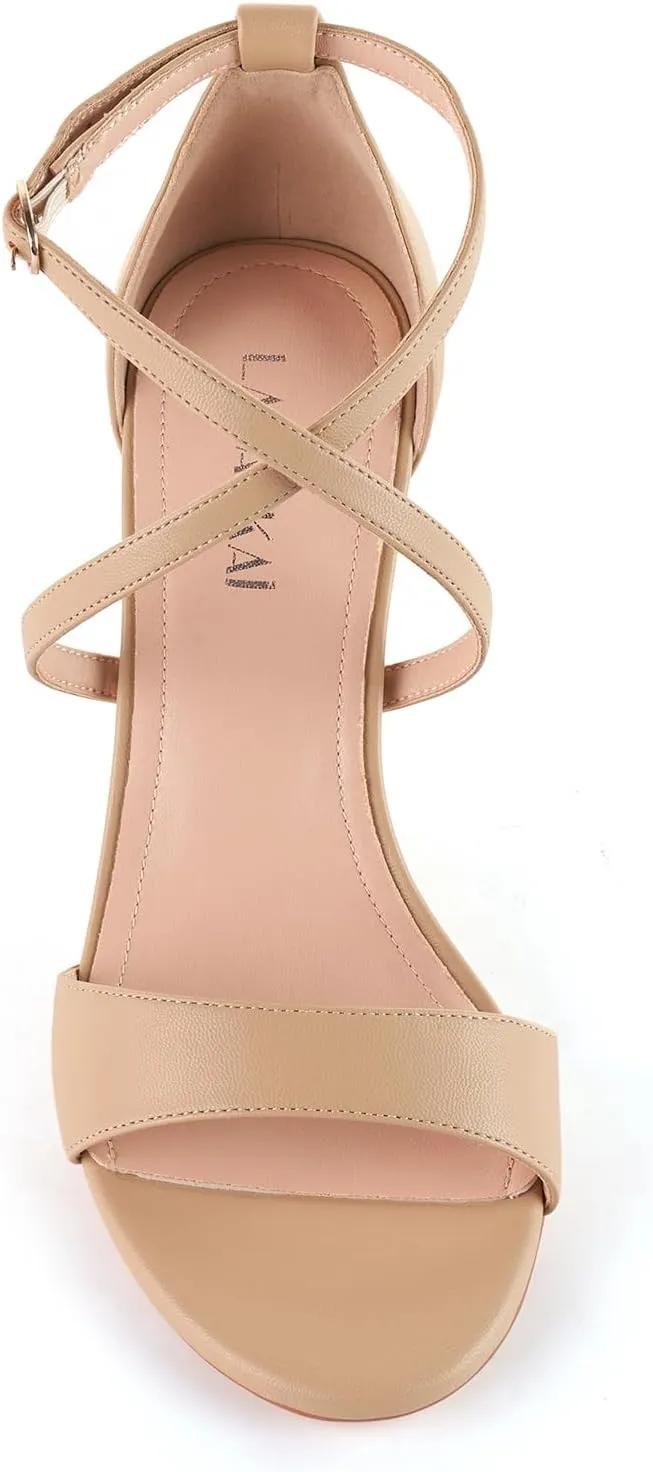 LALA IKAI Women’s Ankle Strap Heels Chunky Block Rhinestone Sandals 3 Inch Open Toe Heels Party Wedding Prom Shoes