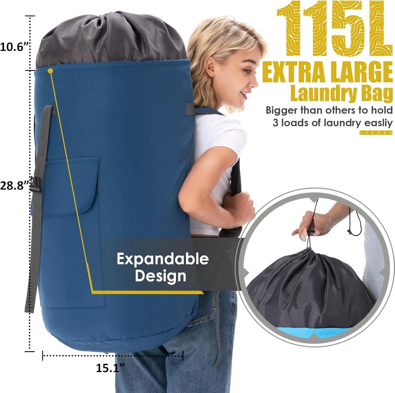 Laundry Bag Extra Large Heavy Duty, 115L Laundry Backpack with Padded Shoulder Strap, Dorm Room Essential for Guys, Navy Laundry Bags for College, XL Laundromat Bag, Laundry Duffle Bag for Camp
