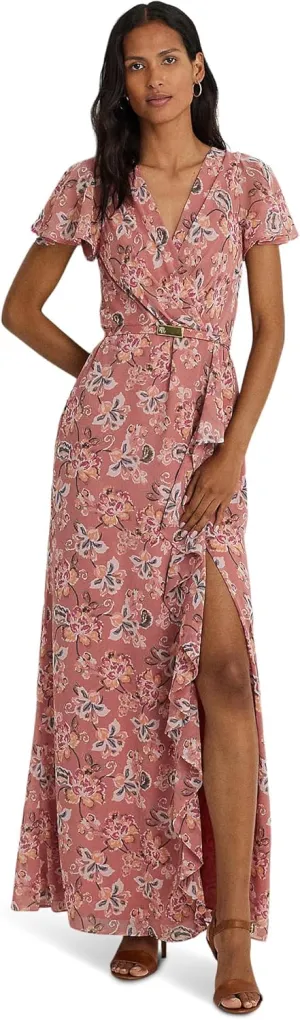 Lauren Ralph Lauren Women's Floral Belted Flutter-Sleeve Gown
