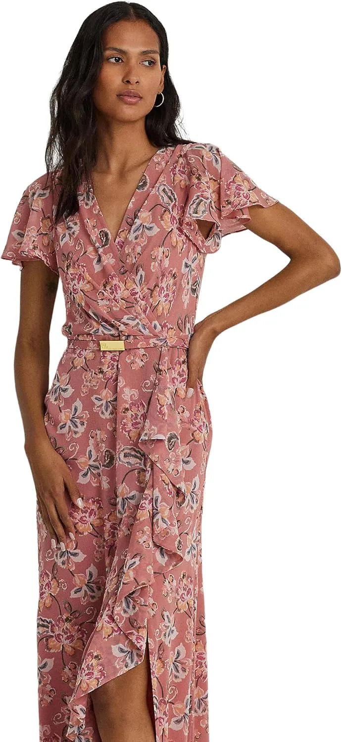 Lauren Ralph Lauren Women's Floral Belted Flutter-Sleeve Gown
