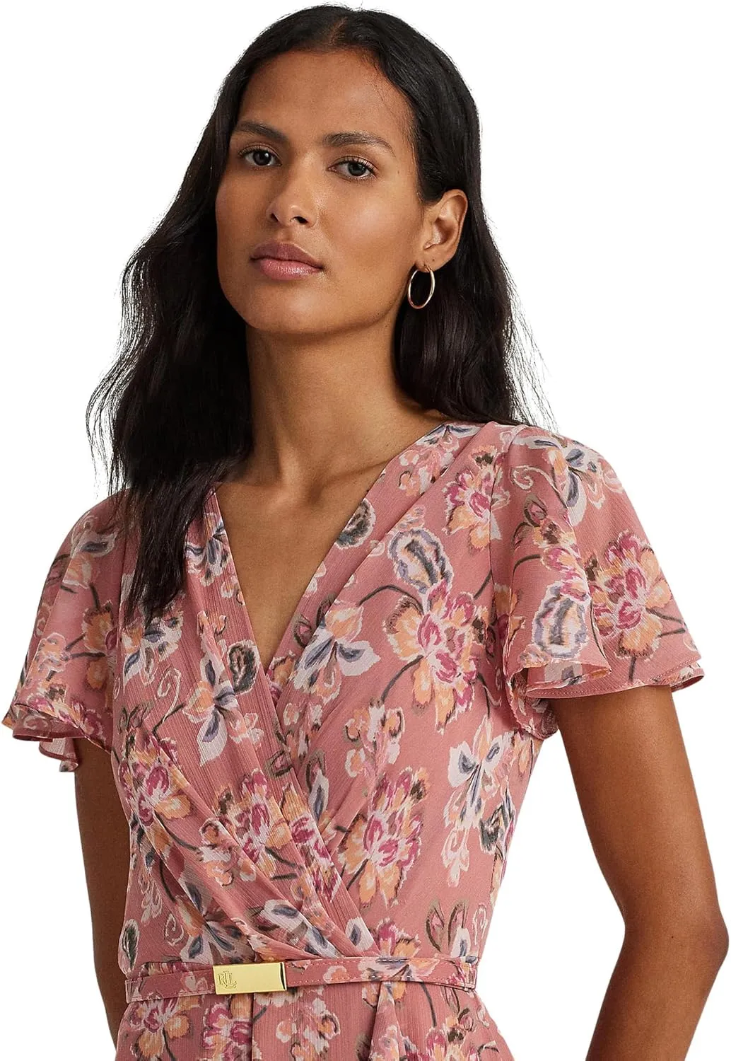 Lauren Ralph Lauren Women's Floral Belted Flutter-Sleeve Gown