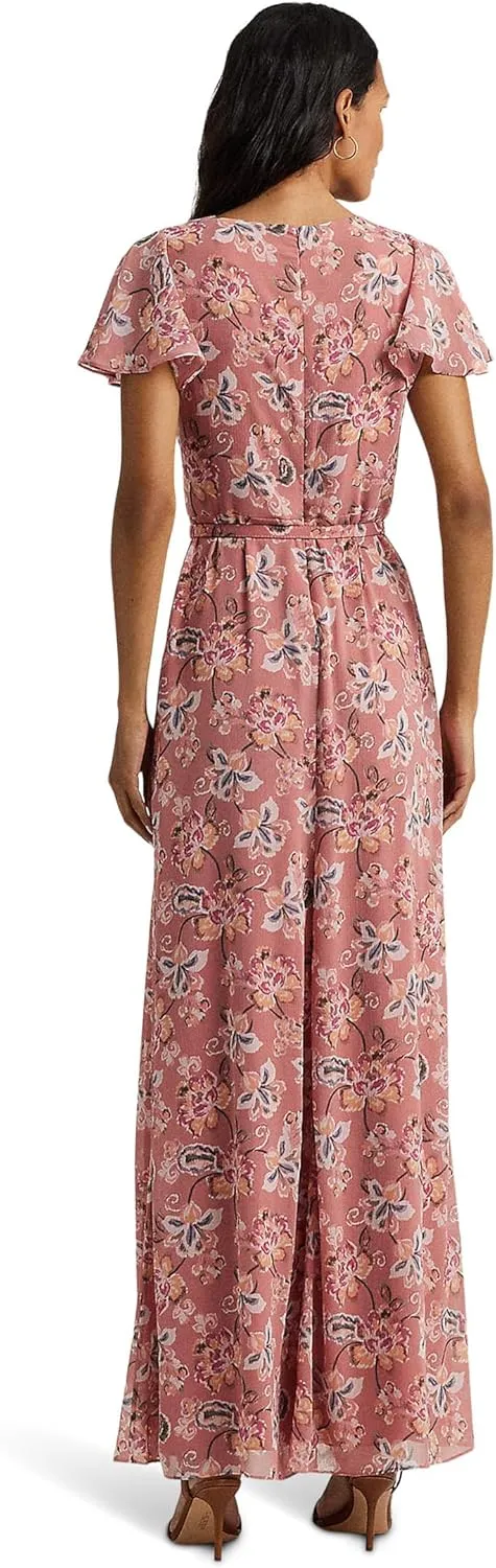 Lauren Ralph Lauren Women's Floral Belted Flutter-Sleeve Gown