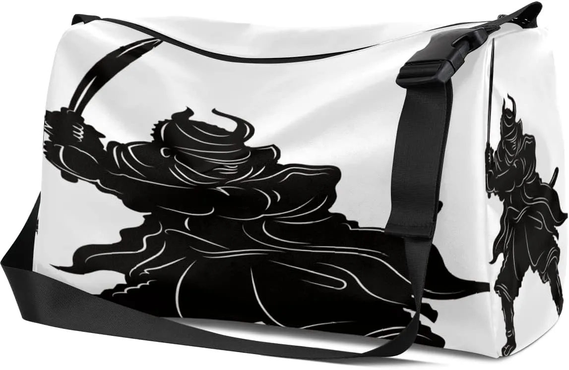 Leather Sport Gym Bag Japanese Samurai Pattern Weekender Bag for Women and Men Carry On Bag Warrior Travel Duffel Bag