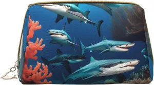 Leather travel cosmetic bag, Submarine shark coral portable cosmetic bag, large capacity cosmetic storage bag with pockets,