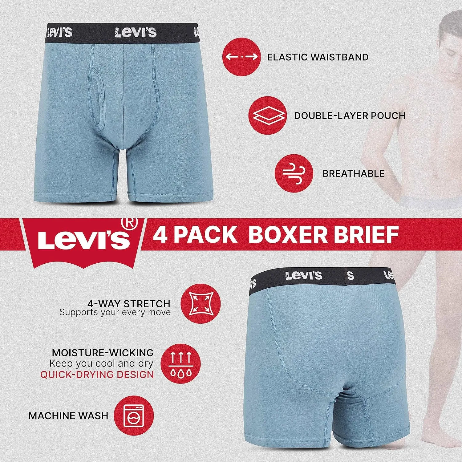 Levi's Mens Boxer Briefs Breathable Stretch Underwear 4 Pack