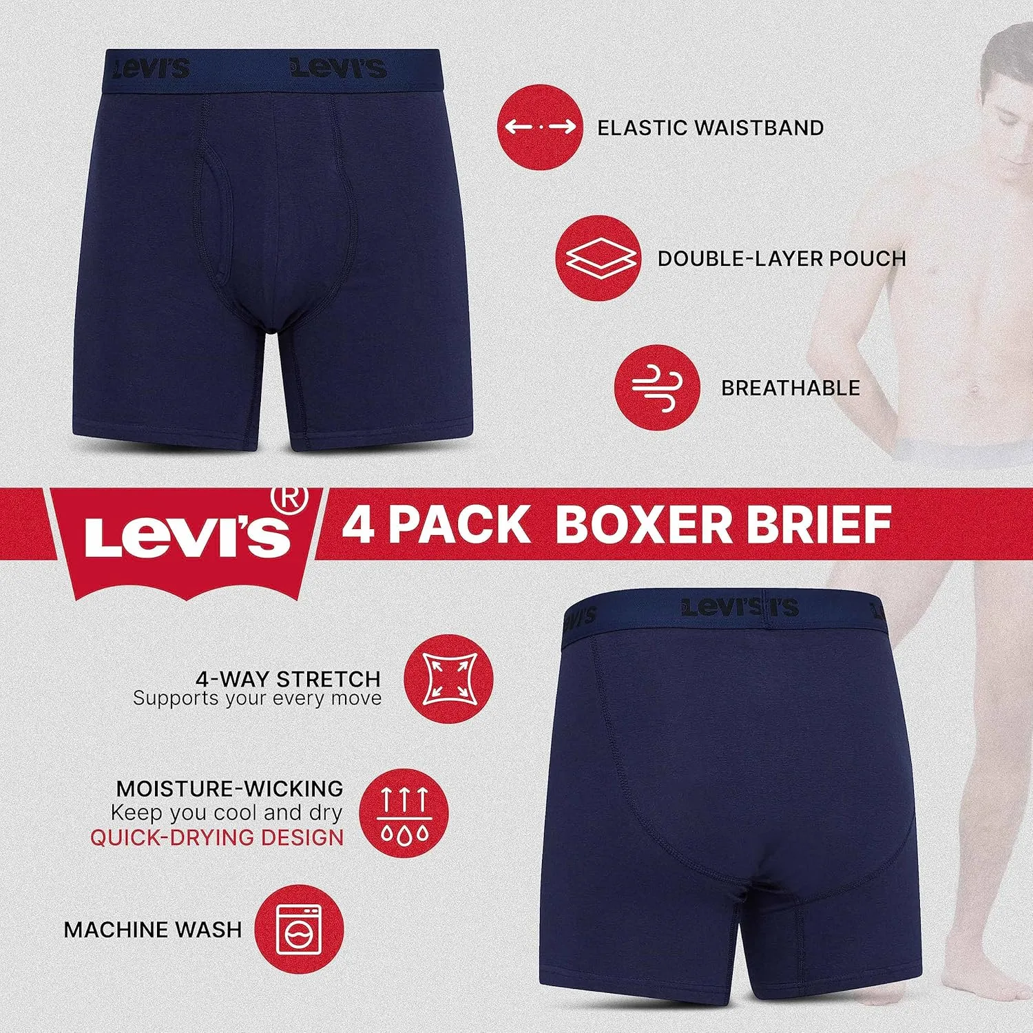 Levi's Mens Boxer Briefs Breathable Stretch Underwear 4 Pack