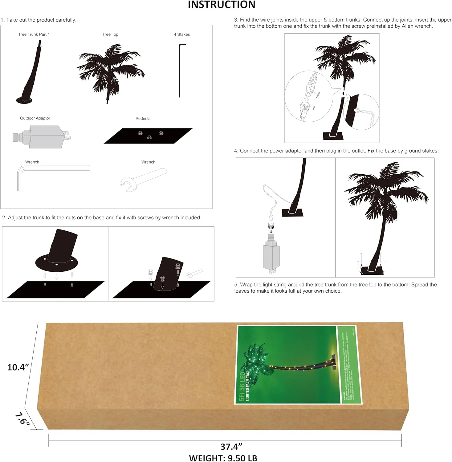Lightshare 5FT Artificial Lighted Palm Tree, 56LED Lights, Decoration for Home,Party, Christmas, Nativity, Outside Patio