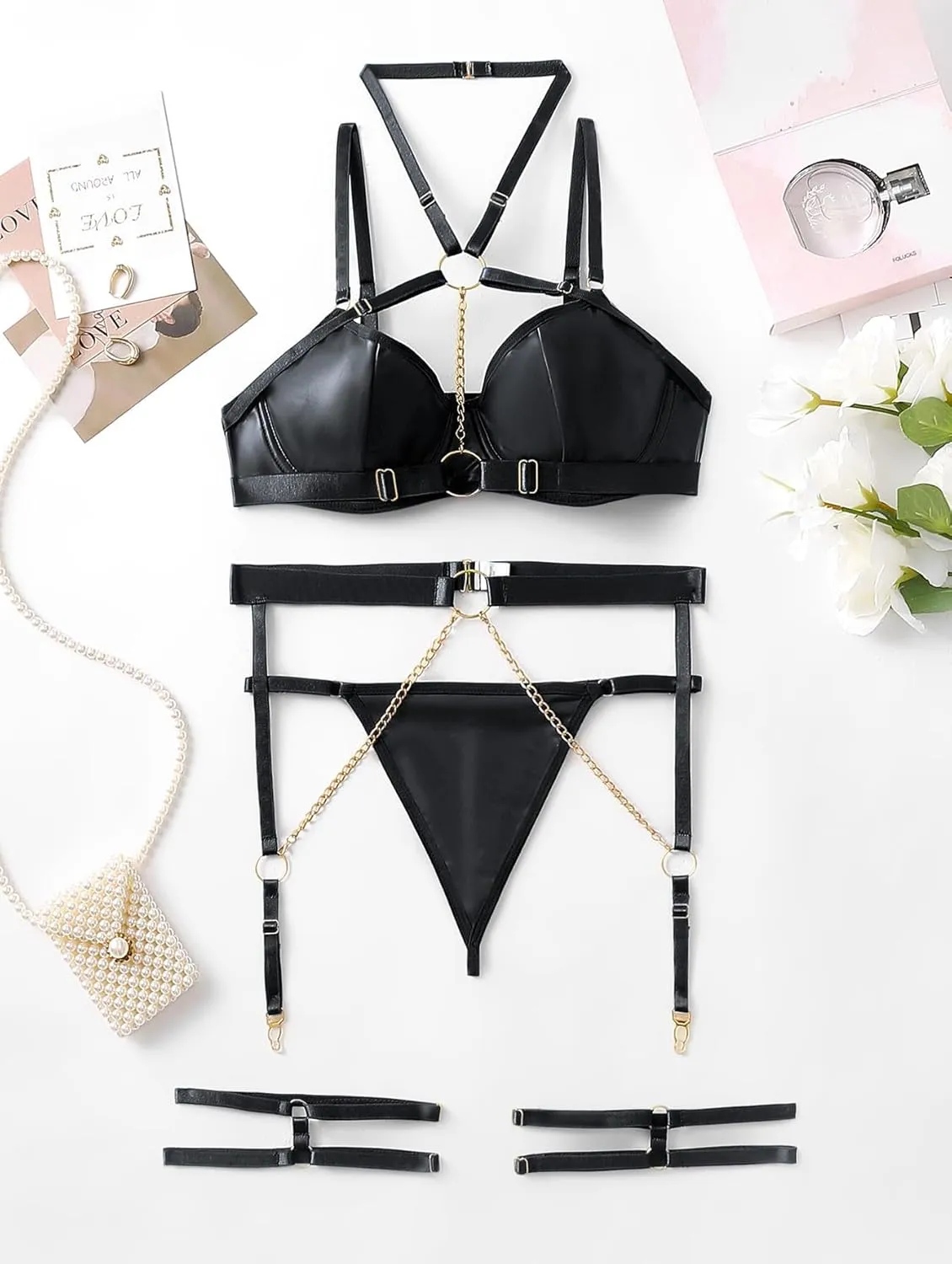 Lilosy Sexy Pu Leather Strappy Underwire Garter Belt Lingerie Set