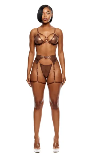Liquid Metal Metallic Mesh Bra and Garter Belt Lingerie Set - Copper