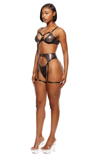 Liquid Metal Metallic Mesh Bra and Garter Belt Lingerie Set - Gunmetal