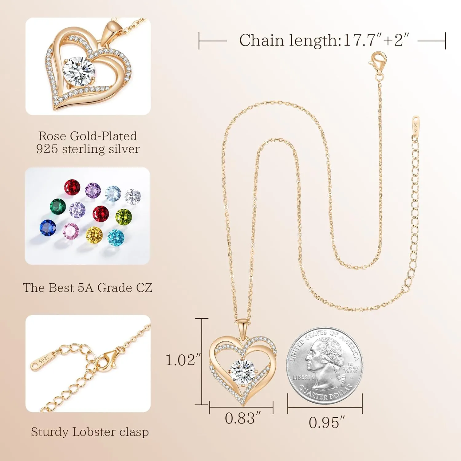 LOUISA SECRET Love Heart Birthstone Necklaces for Women, Birthday Gift for Women, Anniversary Jewelry for Wife Her, 925 Sterling Silver Pendant Necklace, Mother's Day Gift