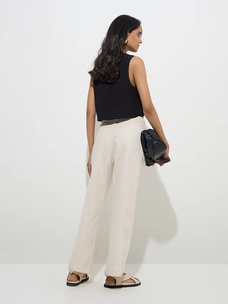 LOV Beige High-Rise Cotton-Blend Trousers with Belt