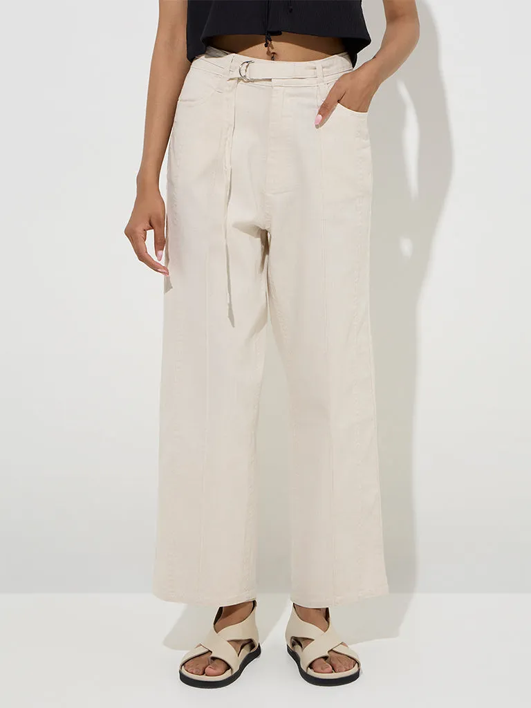 LOV Beige High-Rise Cotton-Blend Trousers with Belt