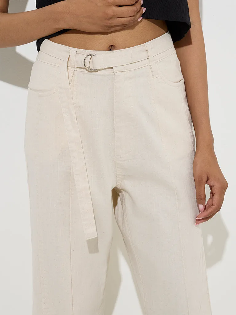 LOV Beige High-Rise Cotton-Blend Trousers with Belt