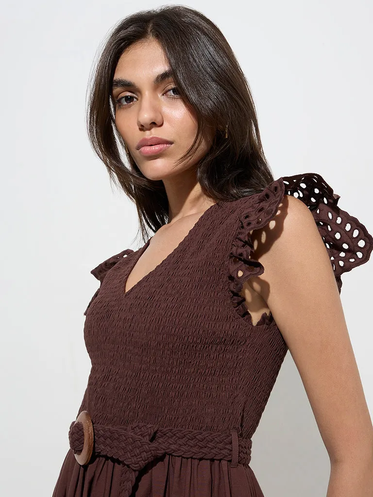 LOV Dark Brown Smocked Cotton A-Line Dress with Belt