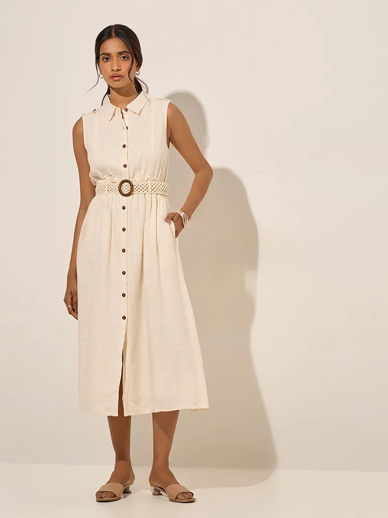 LOV Light Beige Solid Linen-Blend Shirt Dress with Belt
