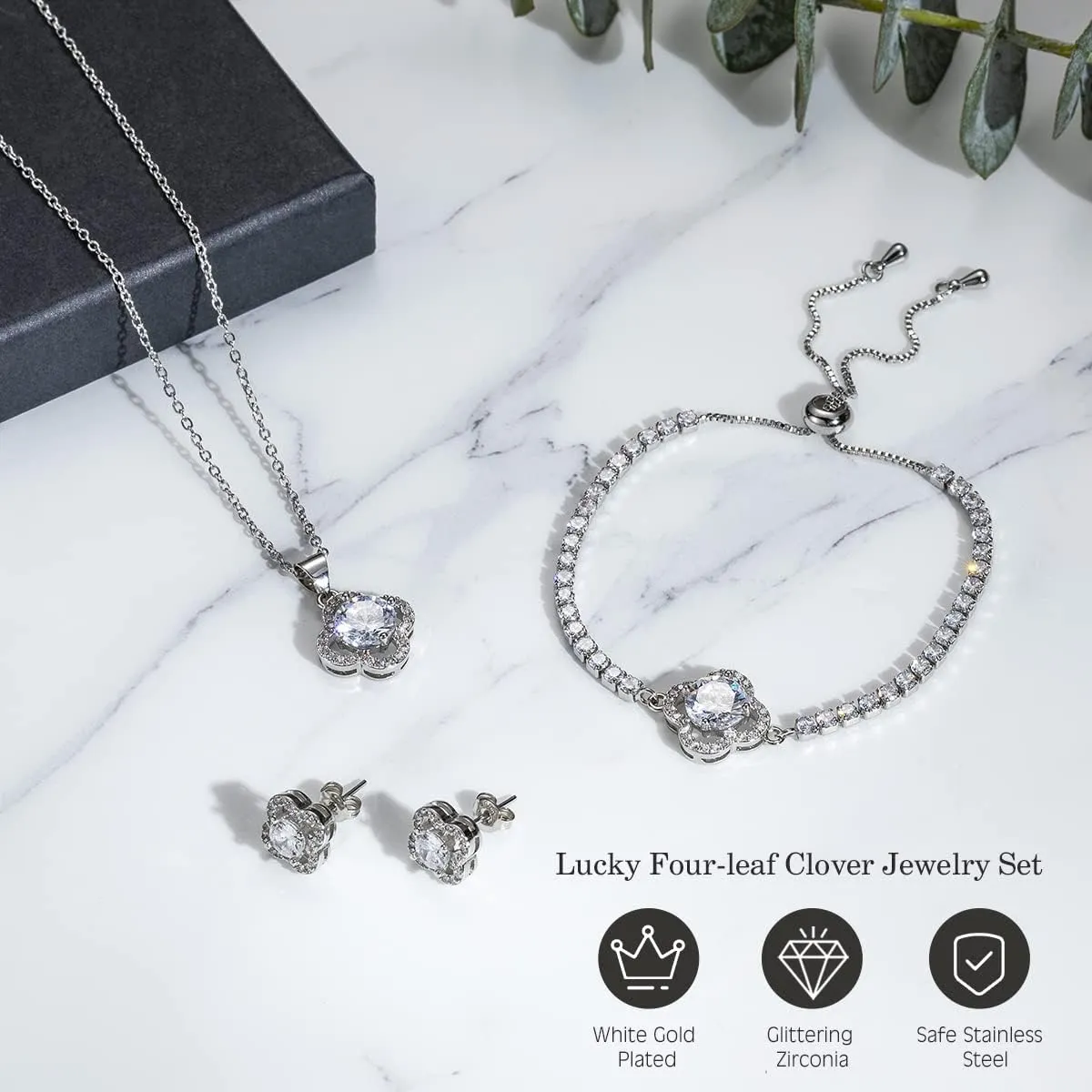 Lucky Clover Bracelet Necklace Earrings Jewelry Set for Women, Classic 4-Leaf White Gold Plated Bracelet Cubic Zirconia Studs Earrings Good Luck Pendant Necklace Mother’s Day Jewelry Gifts
