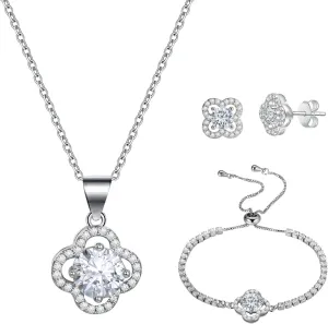 Lucky Clover Bracelet Necklace Earrings Jewelry Set for Women, Classic 4-Leaf White Gold Plated Bracelet Cubic Zirconia Studs Earrings Good Luck Pendant Necklace Mother’s Day Jewelry Gifts