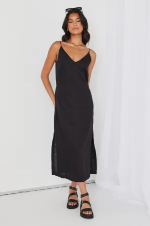 Lulu Black Linen Strappy Midi Dress