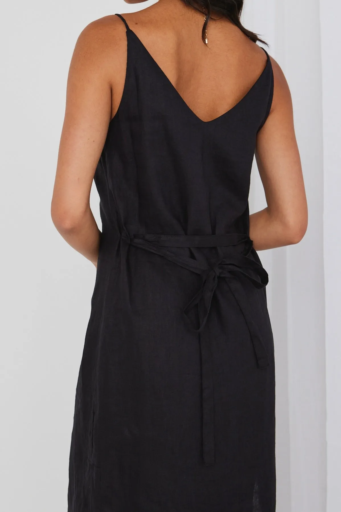 Lulu Black Linen Strappy Midi Dress