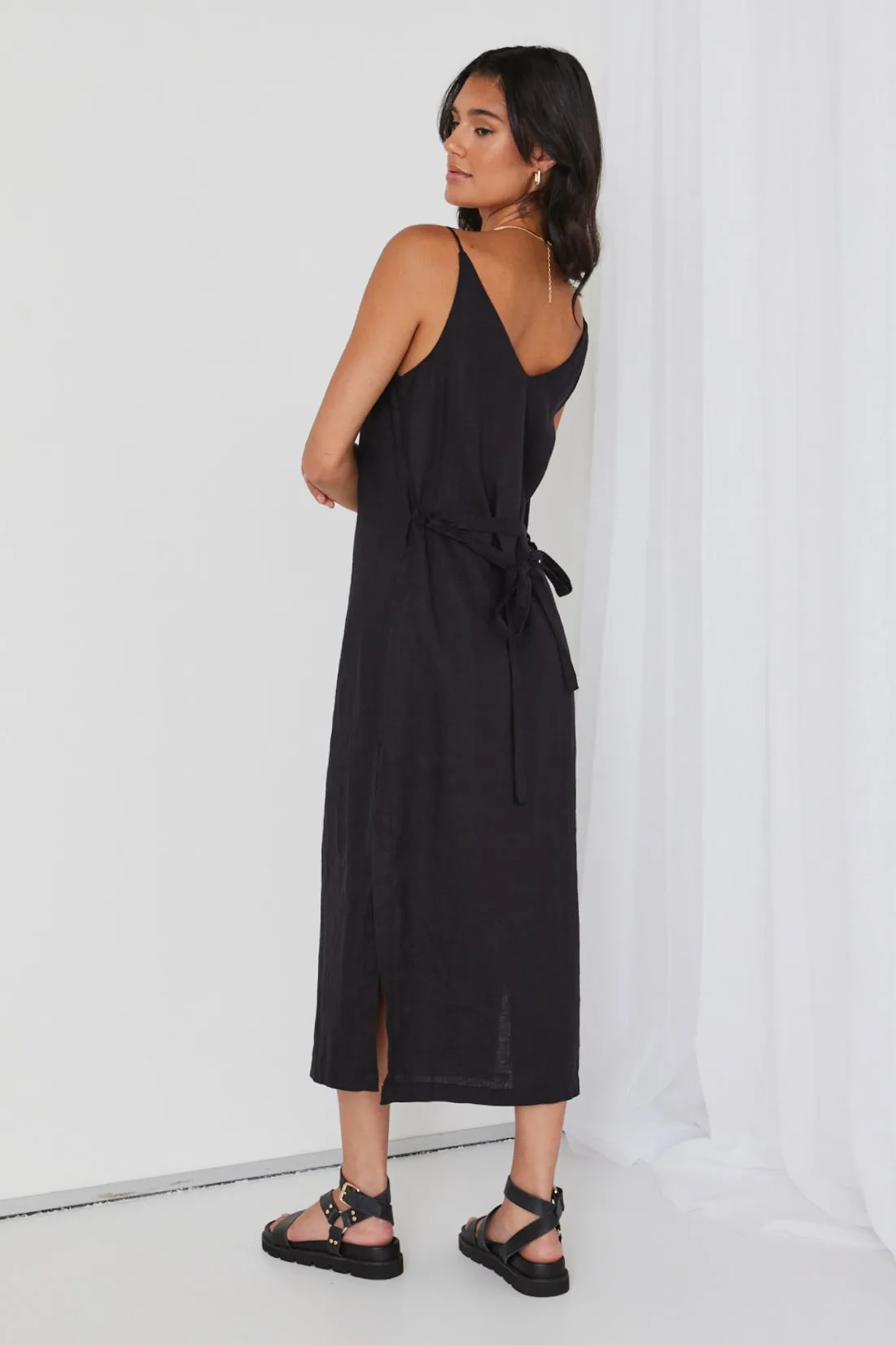 Lulu Black Linen Strappy Midi Dress