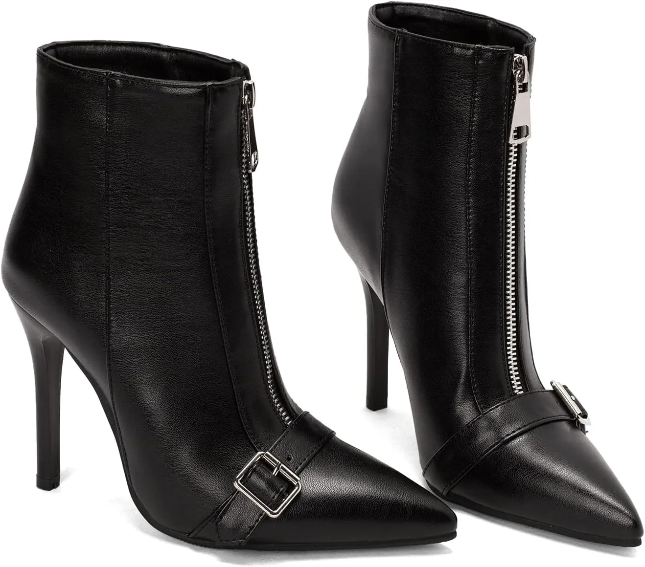 Lutalica W Women's Trendy Pointed Toe Matte Leather Toe Buckle Front Zipper Autumn Winter Stiletto High Heel Dress Ankle Boots