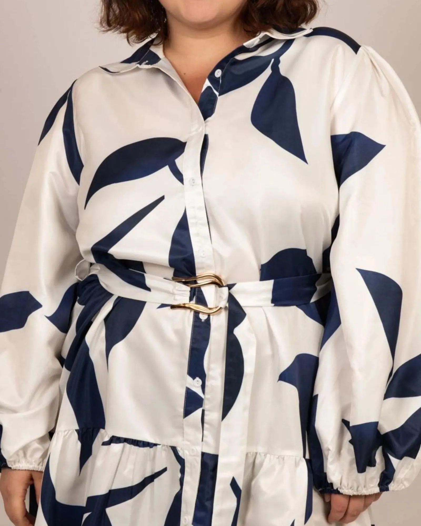 Manon Shirt Dress Belted Puffy Sleeves White | Navy