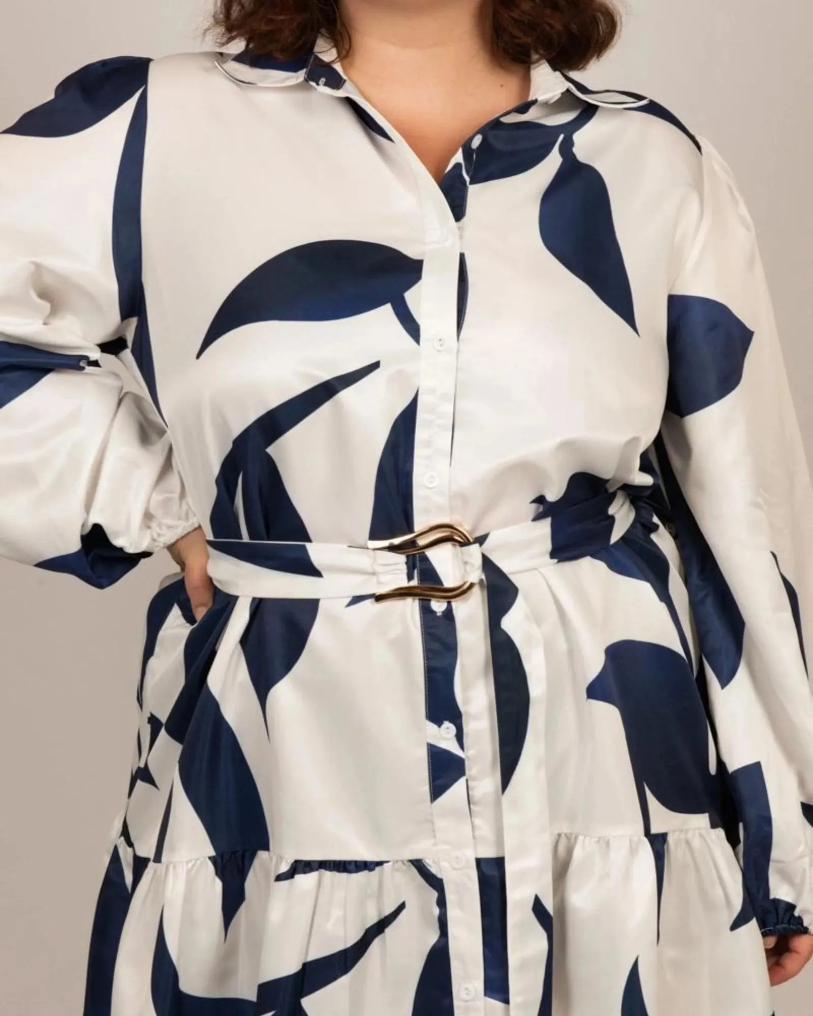 Manon Shirt Dress Belted Puffy Sleeves White | Navy