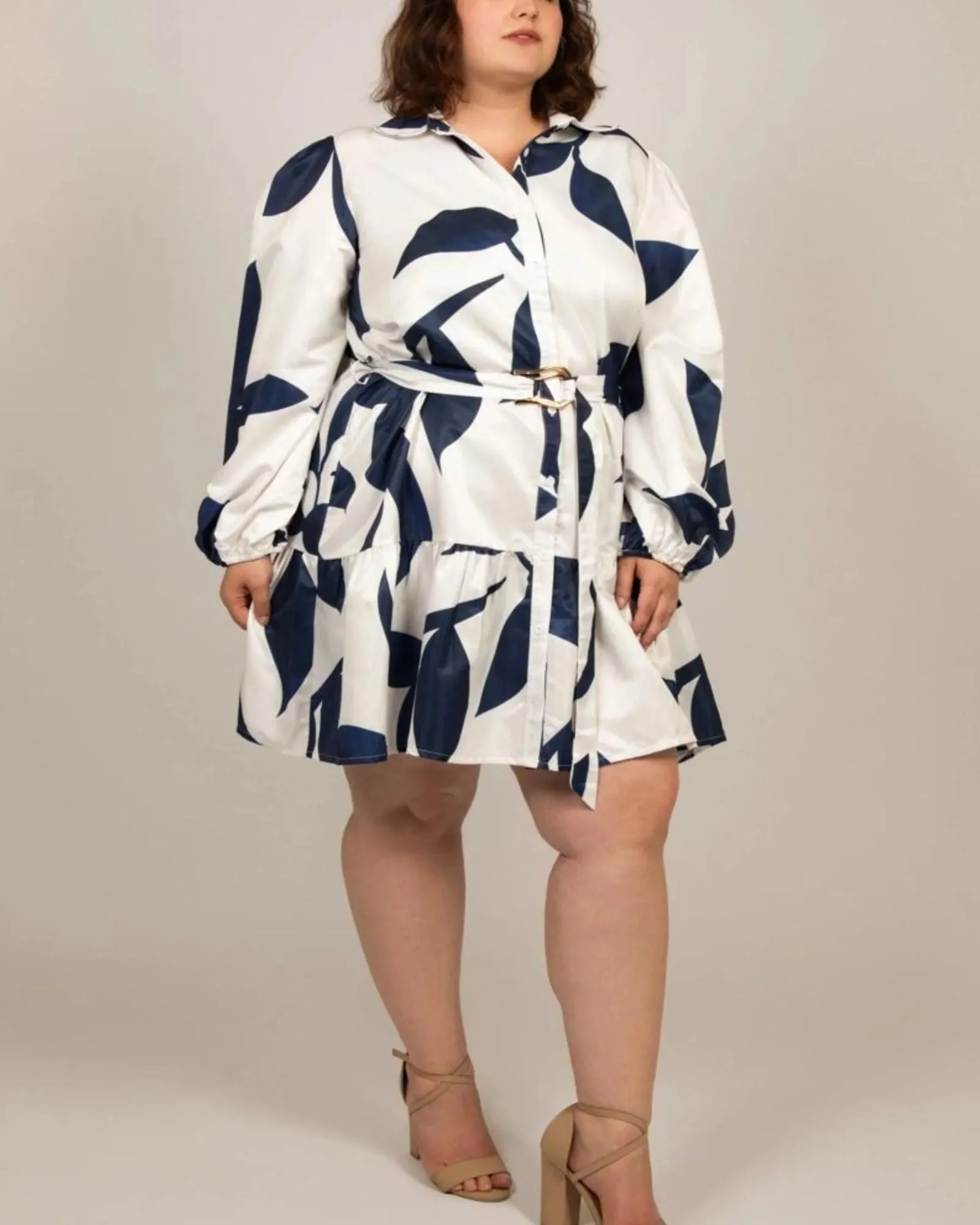 Manon Shirt Dress Belted Puffy Sleeves White | Navy