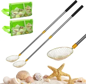 MARFOREVER 2 Pieces Shark Tooth Sifter Sand Sifter with Shell Bags, Beach Sand Dipper Shovel Long Handle Shell Scoope Sand Scoop for Picking Up Shells Beachcombing Rock Hunting Tools
