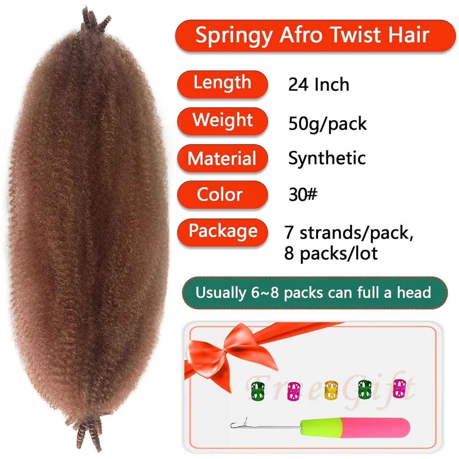Marley Hair 24 Inch Kinky Braiding Hair 8 Packs Springy Afro Twist Hair 30# Wrapping Hair for Soft Locs Brown Cuban Twist Hair Color 30 Pre Fluffed Spring Twist Hair for Braiding Passion Twist Hair