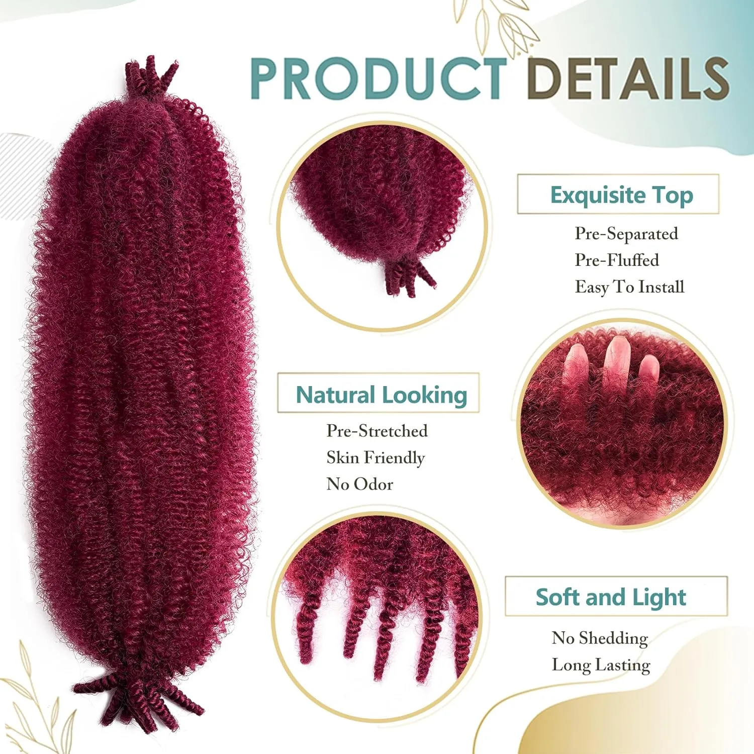 Marley Twist Braiding Hair Burgundy 24 Inch Springy Afro Twist Hair Kinky Twist Hair for Braiding Pre Separated Spring Twists Hair Curly Braiding Hair Extensions (Burgundy, 24in (Pack of 8))