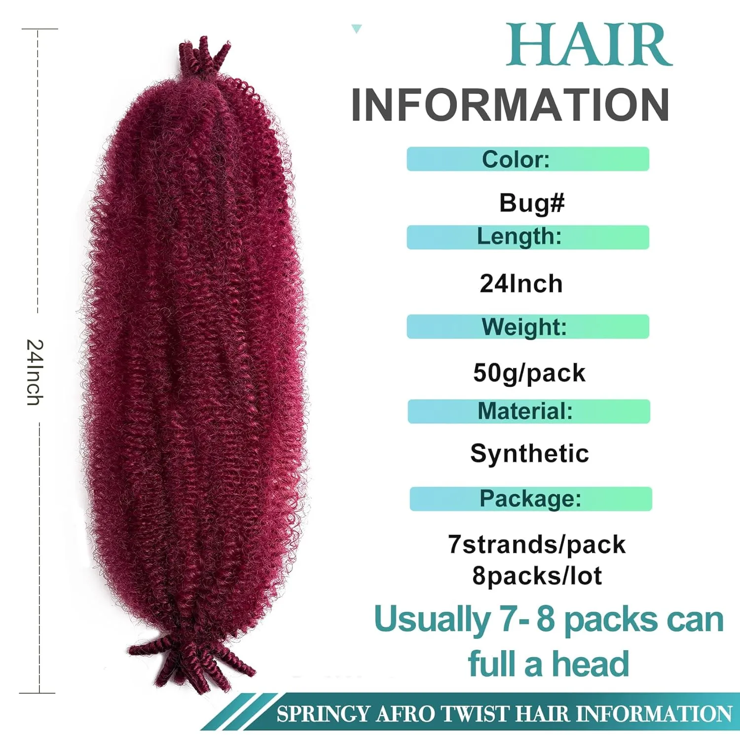 Marley Twist Braiding Hair Burgundy 24 Inch Springy Afro Twist Hair Kinky Twist Hair for Braiding Pre Separated Spring Twists Hair Curly Braiding Hair Extensions (Burgundy, 24in (Pack of 8))