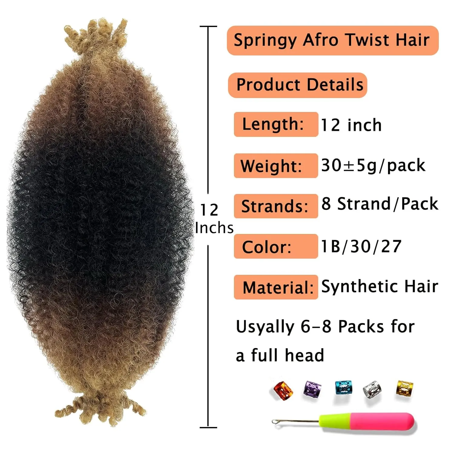 Marley Twist Braiding Hair, Pre-Separated Springy Afro Twist Hair Kinky Twist Crochet Hair Braids for Distressed Soft Locs Spring Twist Hair for Women (1B/30/27#, 12 Inch(Pack of 8))