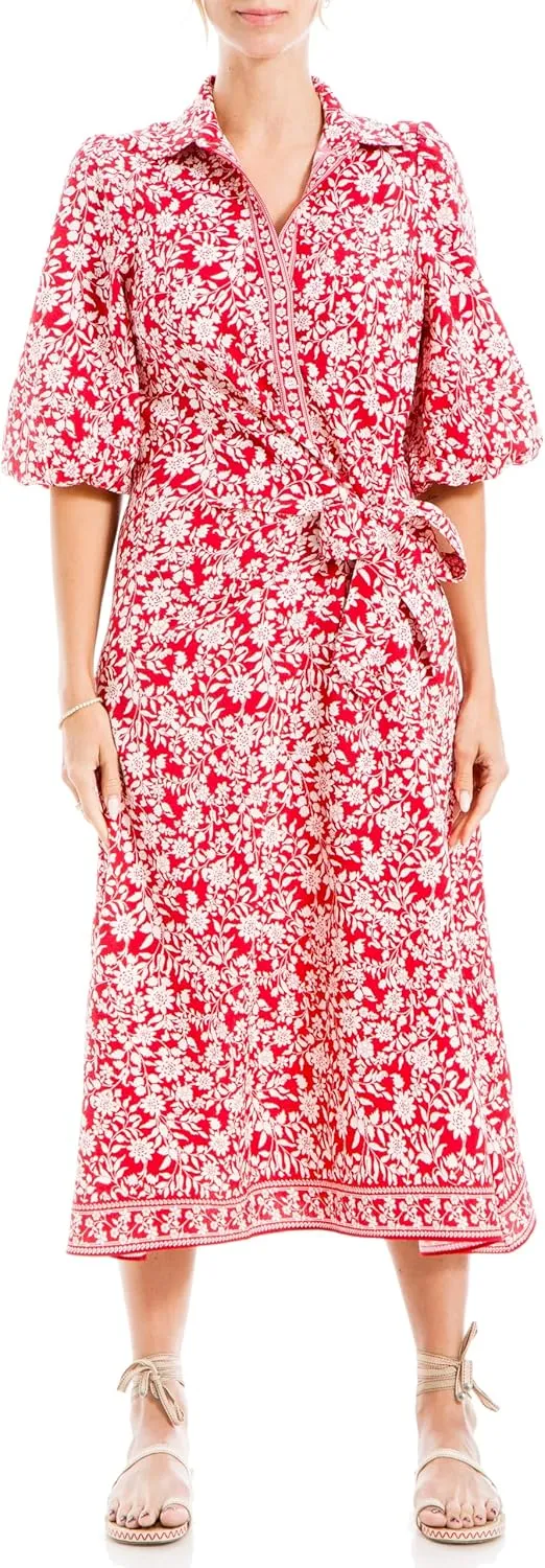 Max Studio Women's Spring 2023 Chic Fashion Casual Printed Puff Sleeve Midi Everyday Shirt Dress