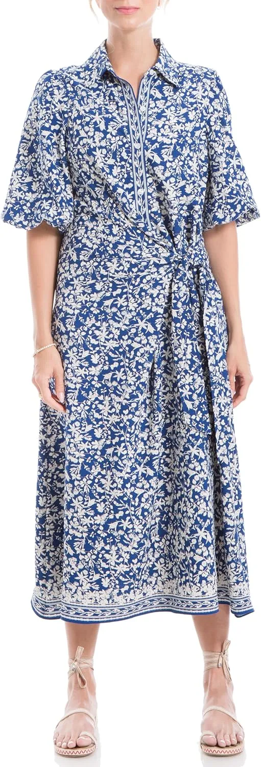 Max Studio Women's Spring 2023 Chic Fashion Casual Printed Puff Sleeve Midi Everyday Shirt Dress
