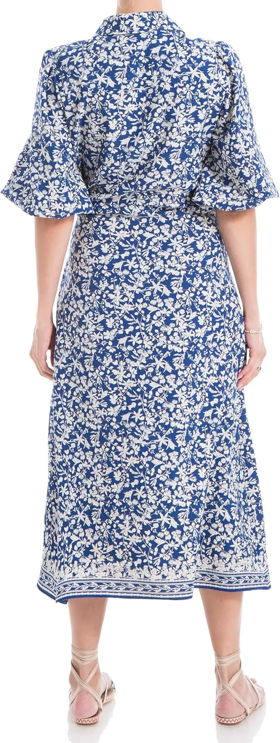 Max Studio Women's Spring 2023 Chic Fashion Casual Printed Puff Sleeve Midi Everyday Shirt Dress