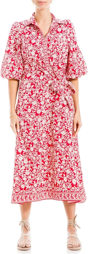 Max Studio Women's Spring 2023 Chic Fashion Casual Printed Puff Sleeve Midi Everyday Shirt Dress